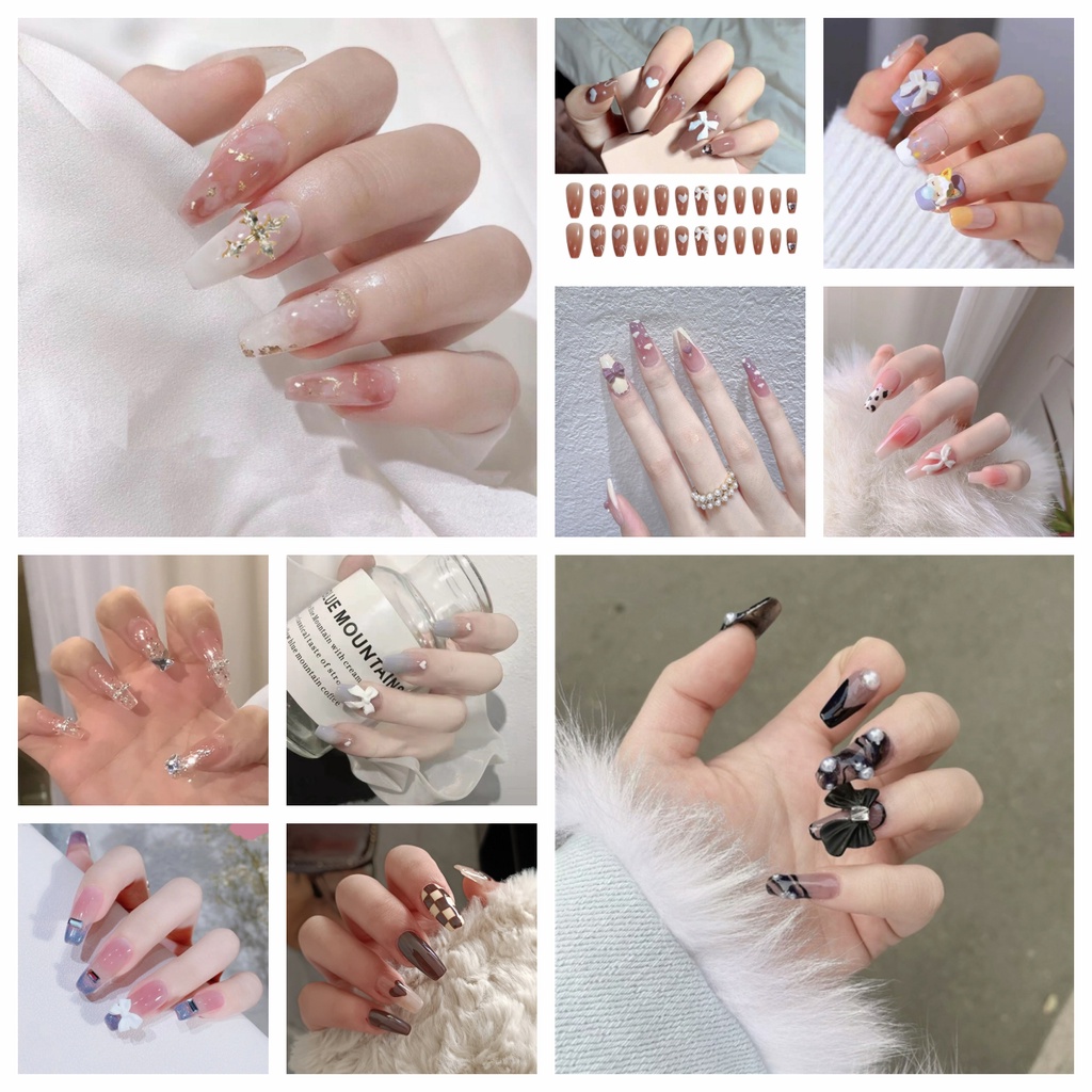 24pcs / Set stiker kuku palsu anti nail air 3d imlek kuku palsu murah pengantin panjang pendek anak bening polos wedding kaki manikur set nail sticker art