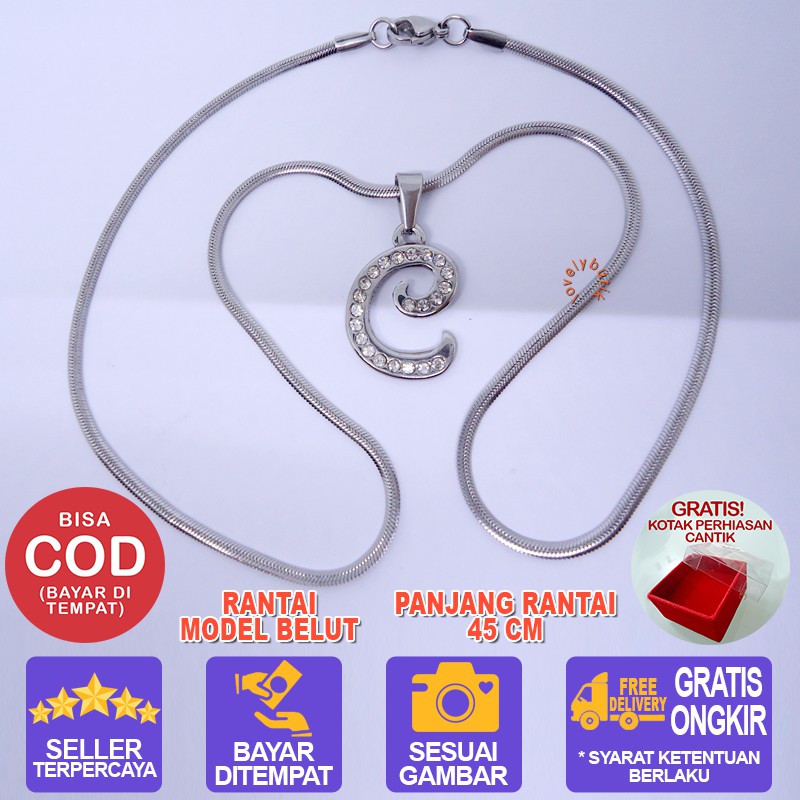 Lovelybutik Honey Kalung Huruf Titanium Anti Karat Inisial C Uk 45 cm BONUS KOTAK PERHIASAN