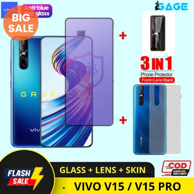 PROMO 3IN1 Tempered Glass Anti Blue Light Radiasi VIVO V15 PRO TG Anti Gores Depan belakang Premium