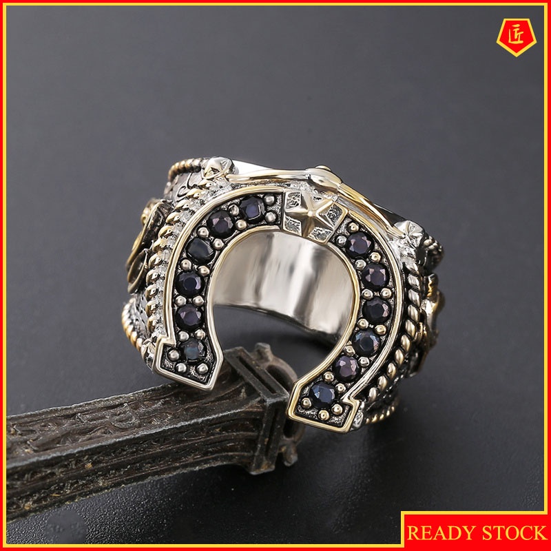 [Ready Stock]Men's Horseshoe Diamond Ring Gold Two-Color