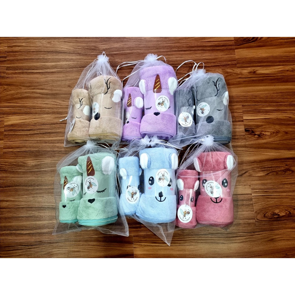 Handuk Hampers Set Microfiber 2 in 1 size 70 x 140 cm &amp; 35 x 75 cm / Handuk Anak Bayi Handuk Kado Motif Hewan Bordir Kuping