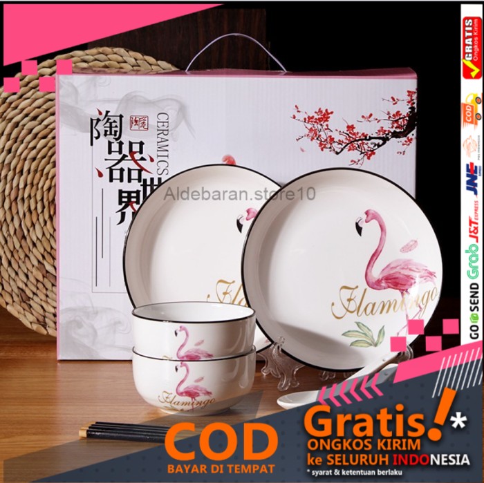 Ceramic Tableware Set / Piring Mangkok Sendok Keramik Hampers Kado - Flamingo ald21