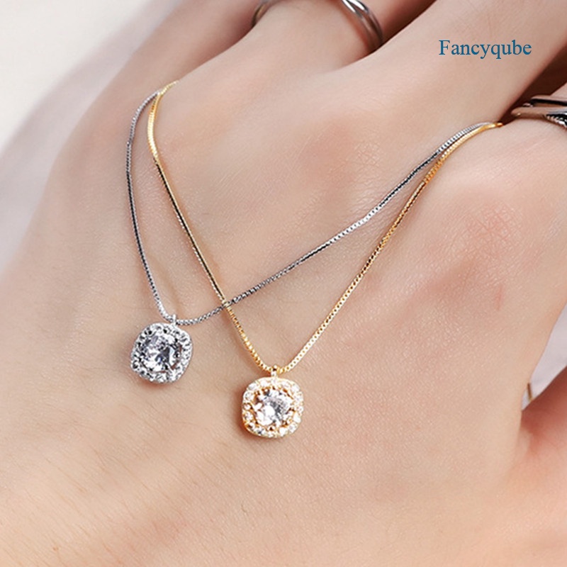 Kalung Rantai Sterling Silver Dengan Liontin Berlian Bentuk Kotak Untuk Wanita