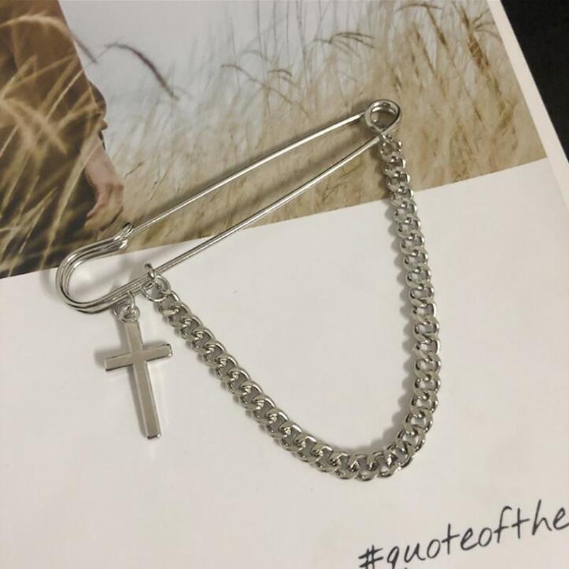 We Flower Bros Pin Bentuk Salib Aksen Rantai Warna Silver Gaya Punk Eropa-5
