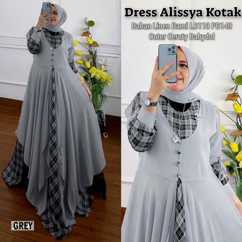 SALE ALYSSA SET CARDI PISAH MOTIF KOTAK DRESS CERUTY KEKINIAN