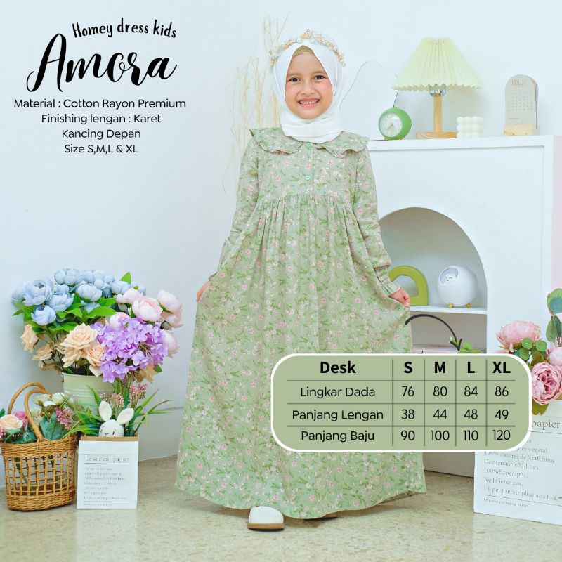 Termurah - Homey Dress Anak Motif Bunga Gamis Anak Amora Dress Muslimah Anak Usia 4-12tahun Bahan Katun Rayon Premium Nyaman Dipakai | Bisa Cod