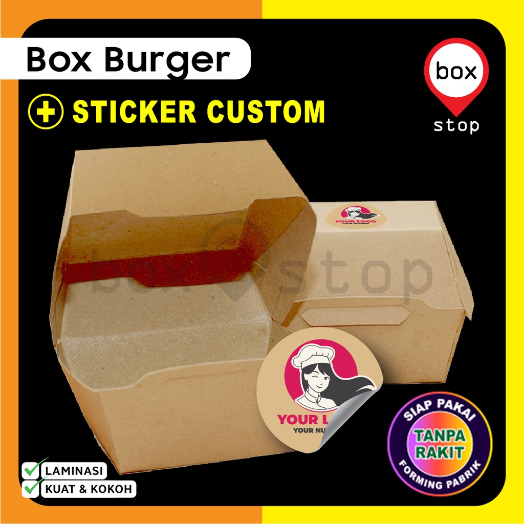 Paket Combo Box Kotak BURGER + Stiker Logo Custom (50 Set)