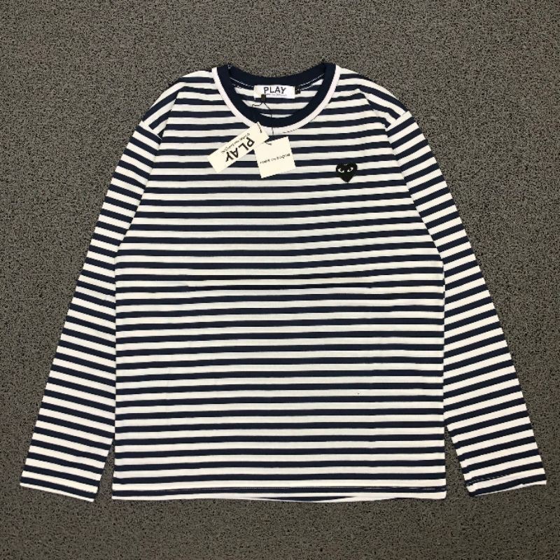 KAOS LENGAN PANJANG LONGSLEEVE PLAY CDG STRIPES LOGO BORDIR PREMIUM
