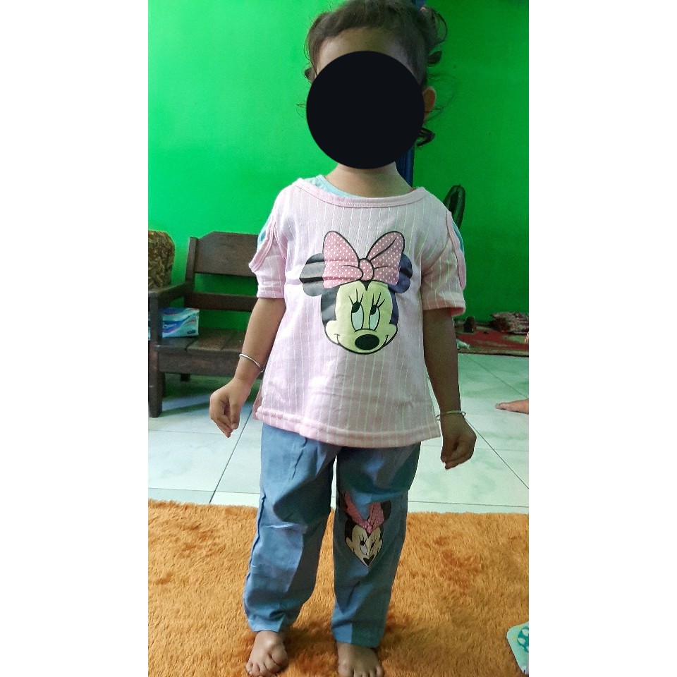 Vision Online -Stripy minnie pinky/ setelan sabrina baju dan celana denim anak perempuan 1-4 tahun