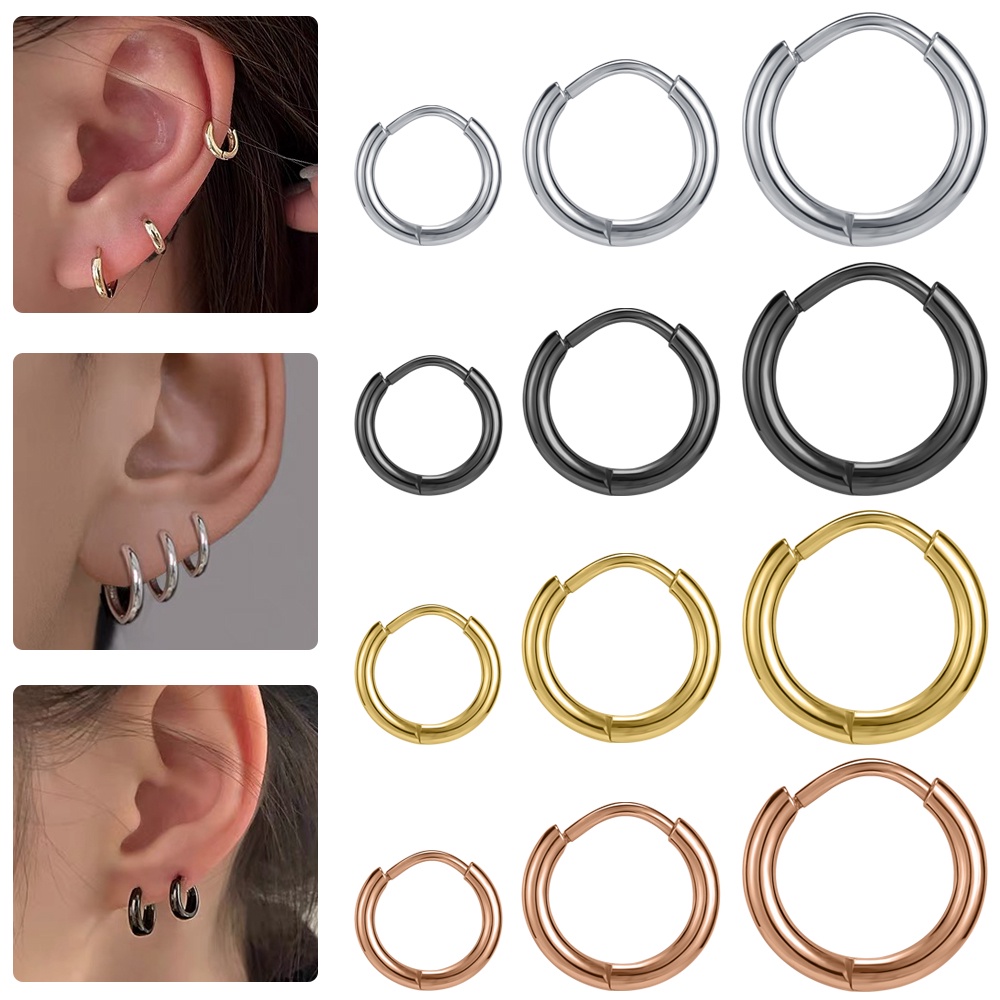 1 Pasang Anting Hoop Bentuk Bulat Bahan Stainless Steel Lapis Rose Gold Ukuran 6 / 8 / 10mm