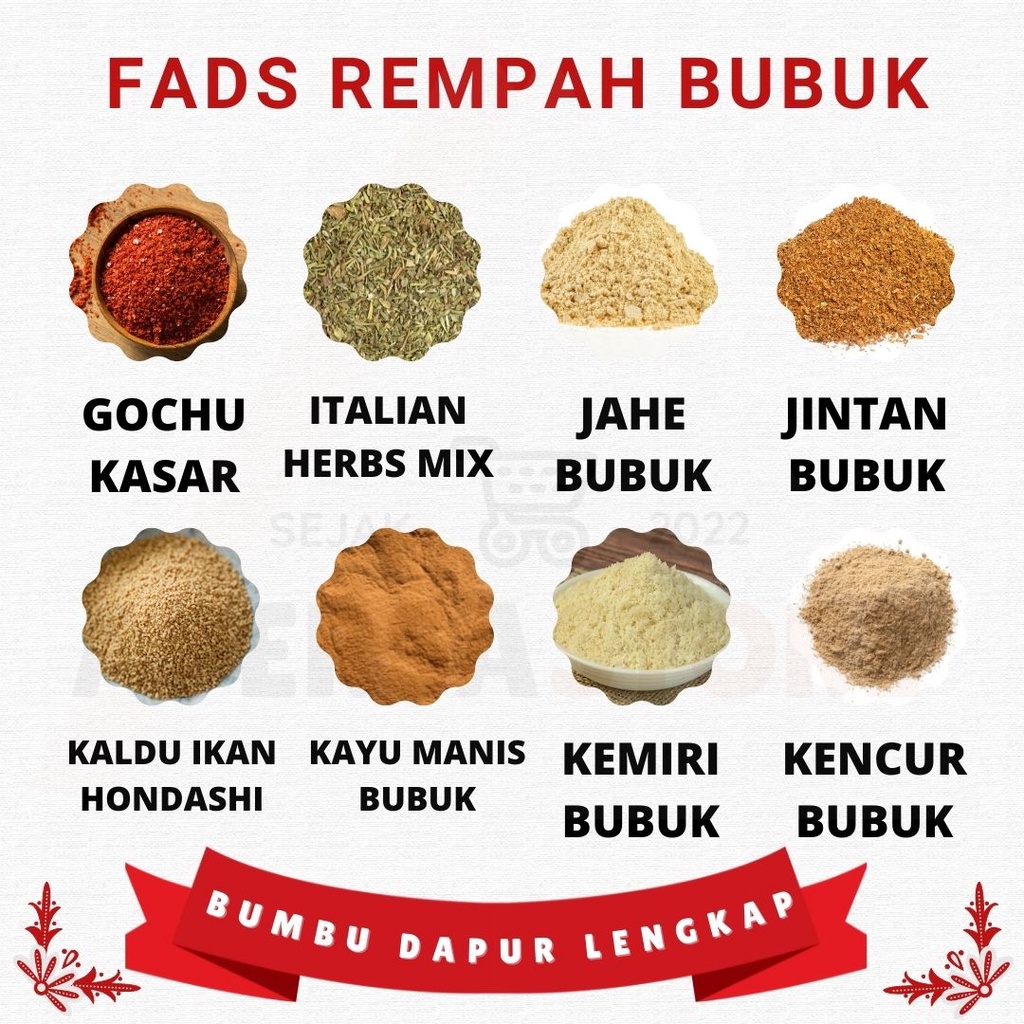 Fad's Rempah Bubuk Lengkap 1kg - Bumbu Dapur Bubuk Lengkap - Adas Asam Bawang Cabai Ngohiong Daun Jeruk Salam Gochugaru Jahe Jintan Kayu Manis Kemiri Kencur Ketumbar Kunyit Lada Hitam Lada Putih Laos Pala Paprika Selasih Serai Temulawak WIjen-Rempah JSR