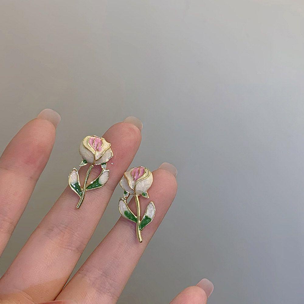 Needway Anting Wanita Temperamen Elegan Gadis Hadiah Pink rose Aksesoris Pesta Alloy Bunga Stud Earrings