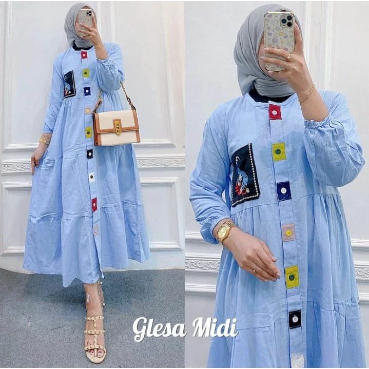 GLESSA MIDI DRESS BUSUI FRIENDLY | DRES KATUN RAYON MENYUSUI KANCING AKTIF LD 110 | BAJU KONDANGAN WANITA TERBARU KEKINIAN | PAKAIAN WANITA FULL KANCING AKTIV