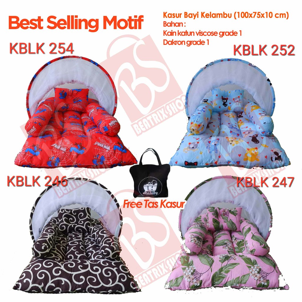 Kasur Lipat Bayi Set Kelambu Bantal Guling | Tempat Tidur Anak Baru Lahir Motif Lucu Bonus Tas 082