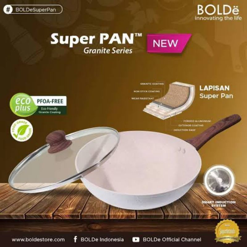 Super PAN WOK ( WAJAN ) 26 cm + GLASS LID Granite Beige Series Original BOLDe
