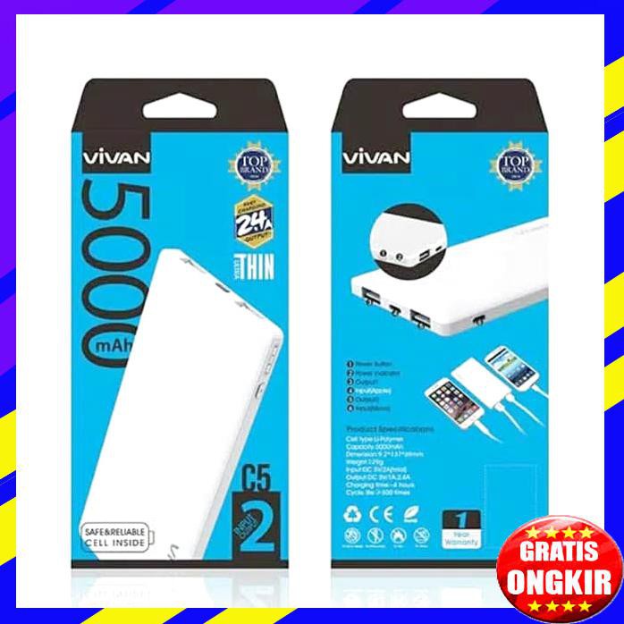 ACC HP POWER BANK VIVAN C5 5000MAH 2USB PORTS 2.4A POWER BANK SLIM VIVAN ORI