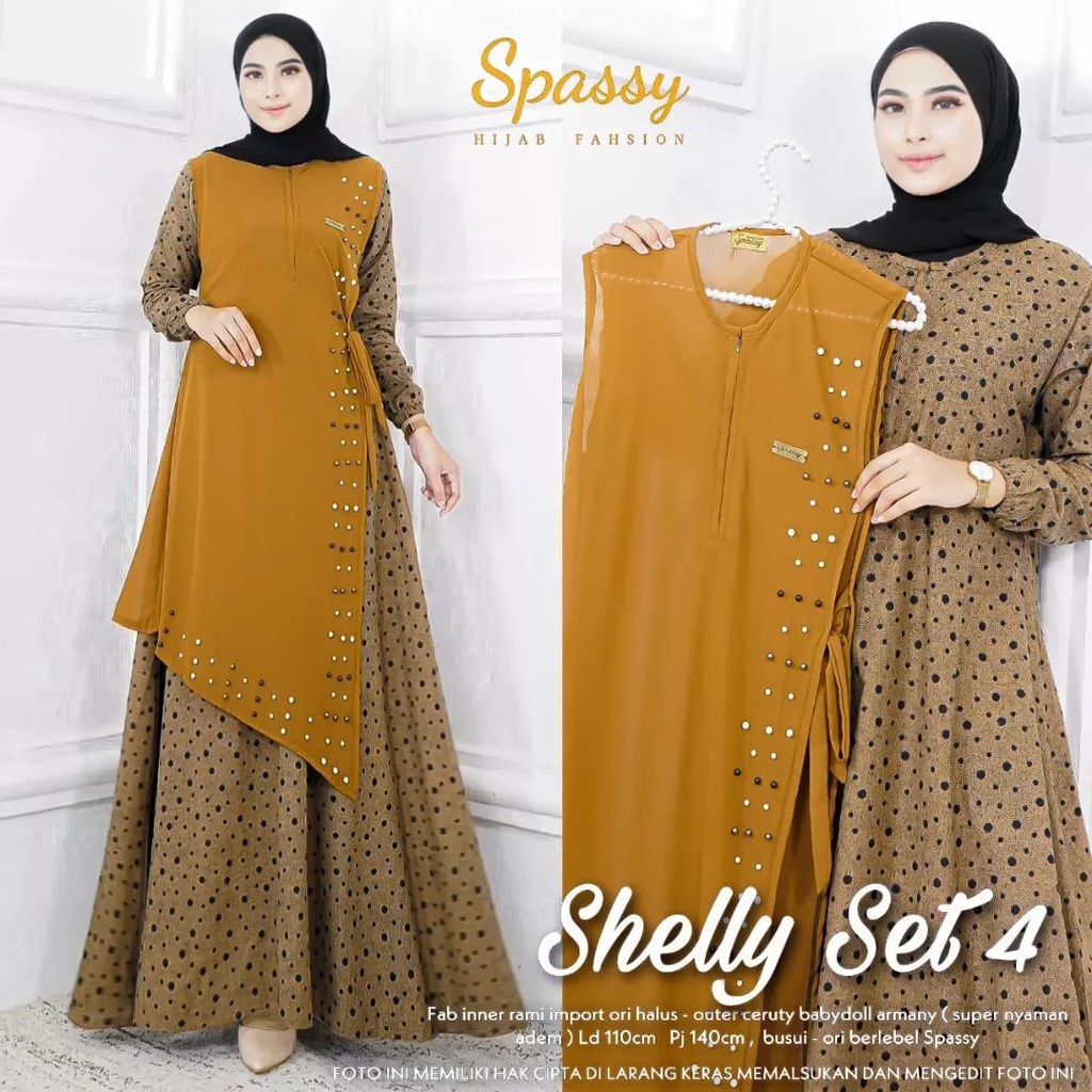 Gamis Terbaru Shelly Set 4 2in1 Gamis + Outher Bahan Rami IMPORT mix Ceruty Premium
