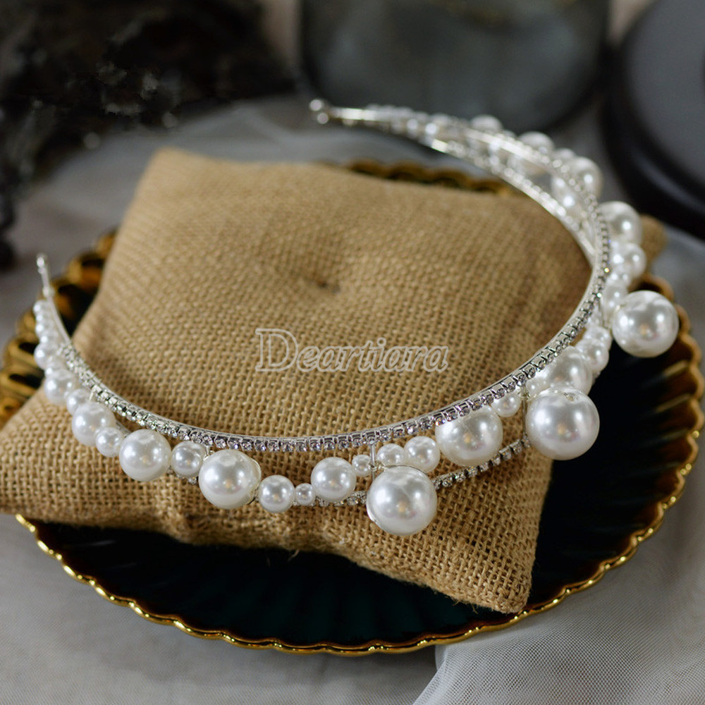 Bandana Bahan Alloy Aksen Mutiara Berlian Imitasi Gaya Korea Untuk Aksesoris Rambut Pengantin Wanita