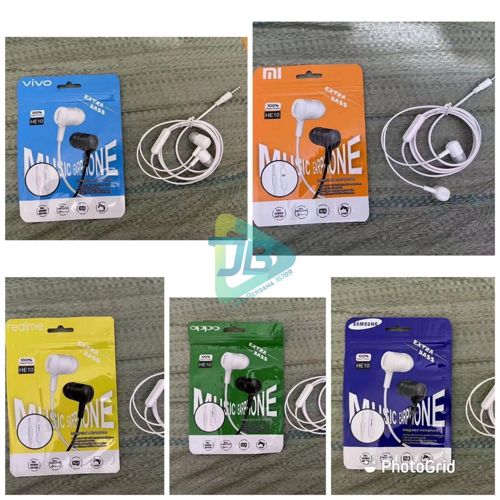 Hf Headset earphone headsfree brand HE10 extra BASS oppo Samsung vivo xiaomi realme + MIC bisa telepon an suaranya mantap JB5959