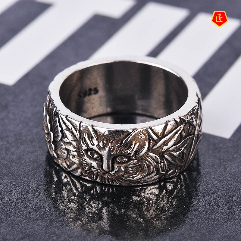 [Ready Stock]Retro Creative Carving Cat and Mouse Silver Ring