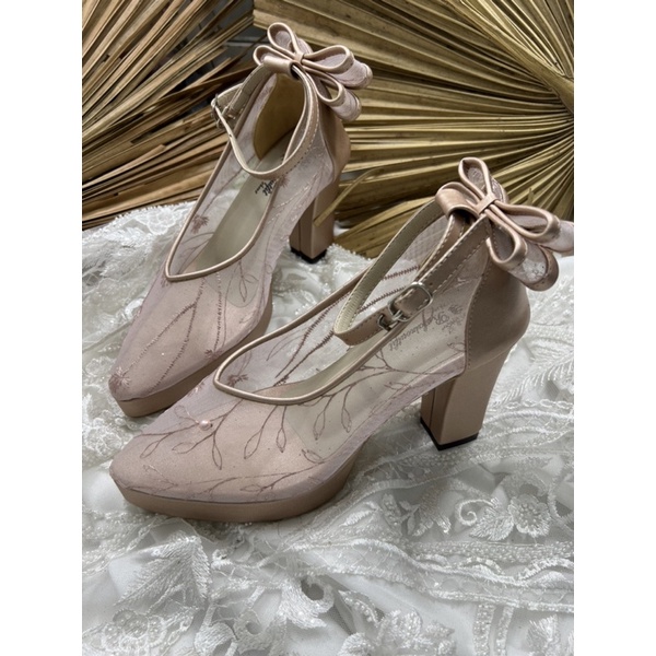 sepatu pesta wedding vilia rosegold tali pita 9cm platform