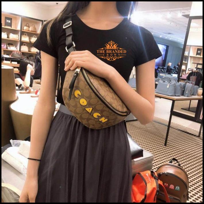 Bag Canvas - Tas Coach 72910 Belt Bag In Signature Canvas With Pac-Man Coach Print