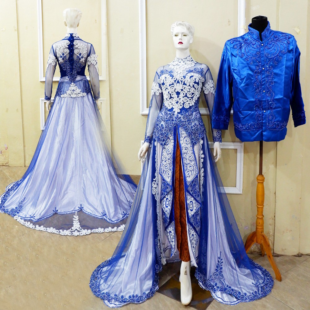 Kebaya Pengantin Akad Resepsi Modern Set Biru Putih