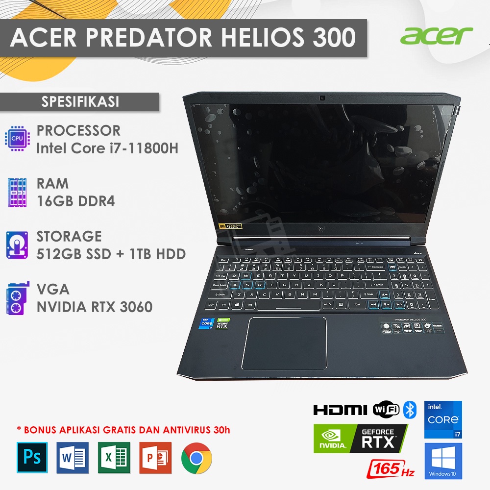 ACER PREDATOR HELIOS 300 - RTX 3060 INTEL CORE I7 RAM 16GB SSD 512GB
