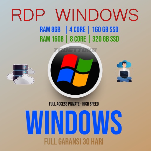 RDP WINDOWS SPEK RAM 8GB-4CORE / RAM 16GB-8CORE FULL ADMIN