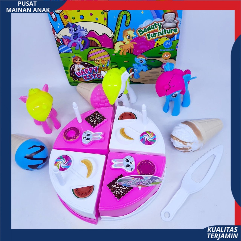 Mainan Anak Kuda Pony Bonus Es Cream Kue Tart Potong Ulang Tahun lilin Set / Edukasi Anak Perempuan