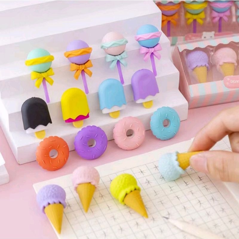 Penghapus Pensil Eraser Model Donut Lollipop Ice Cream 1pak isi 4pcs