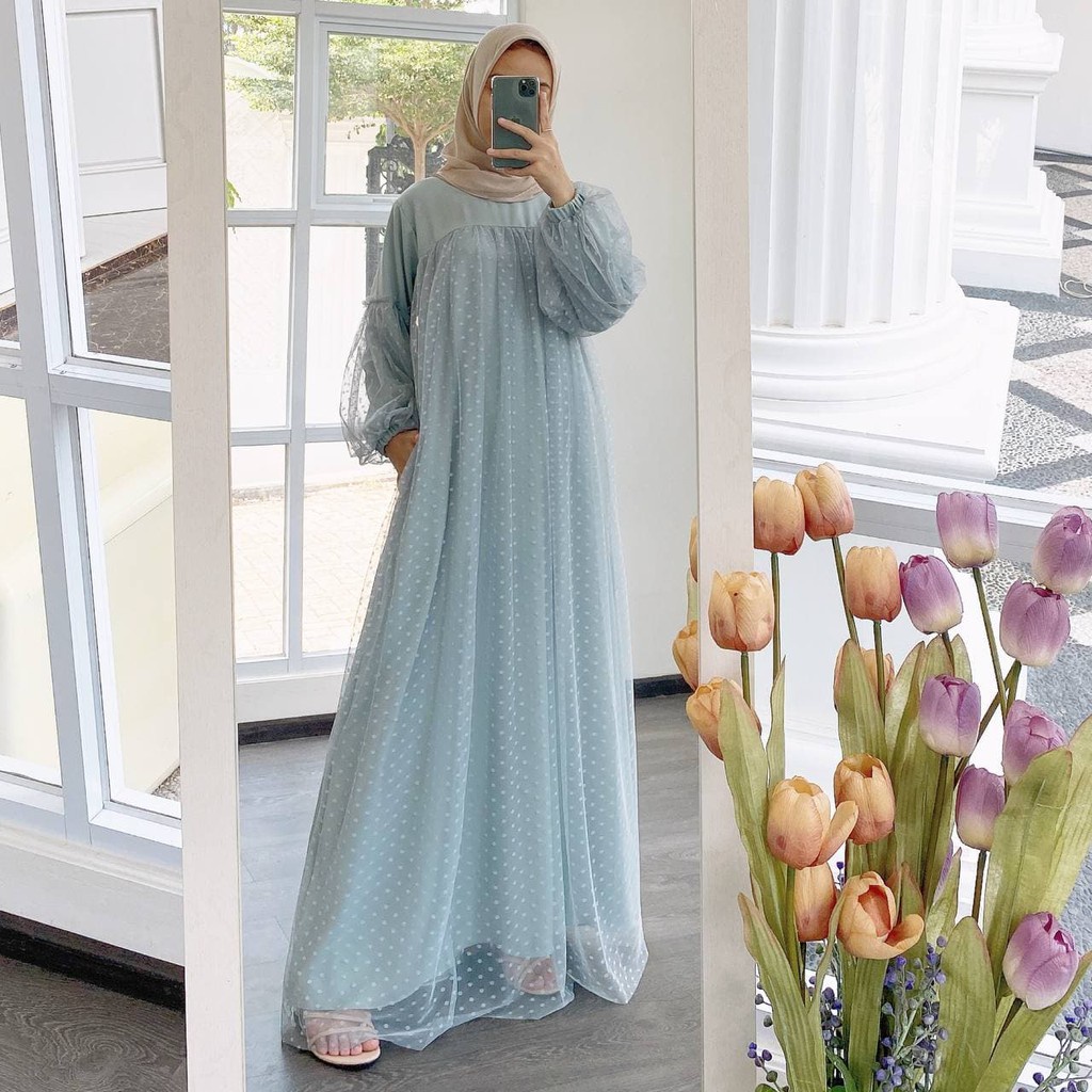 MYRA MAXI BO KAIN MOSSCRAPE MIX TILE DOT Gamis Wanita Terbaru 2022 Produk Best Seller High Recommended DRES TERBARU 2022