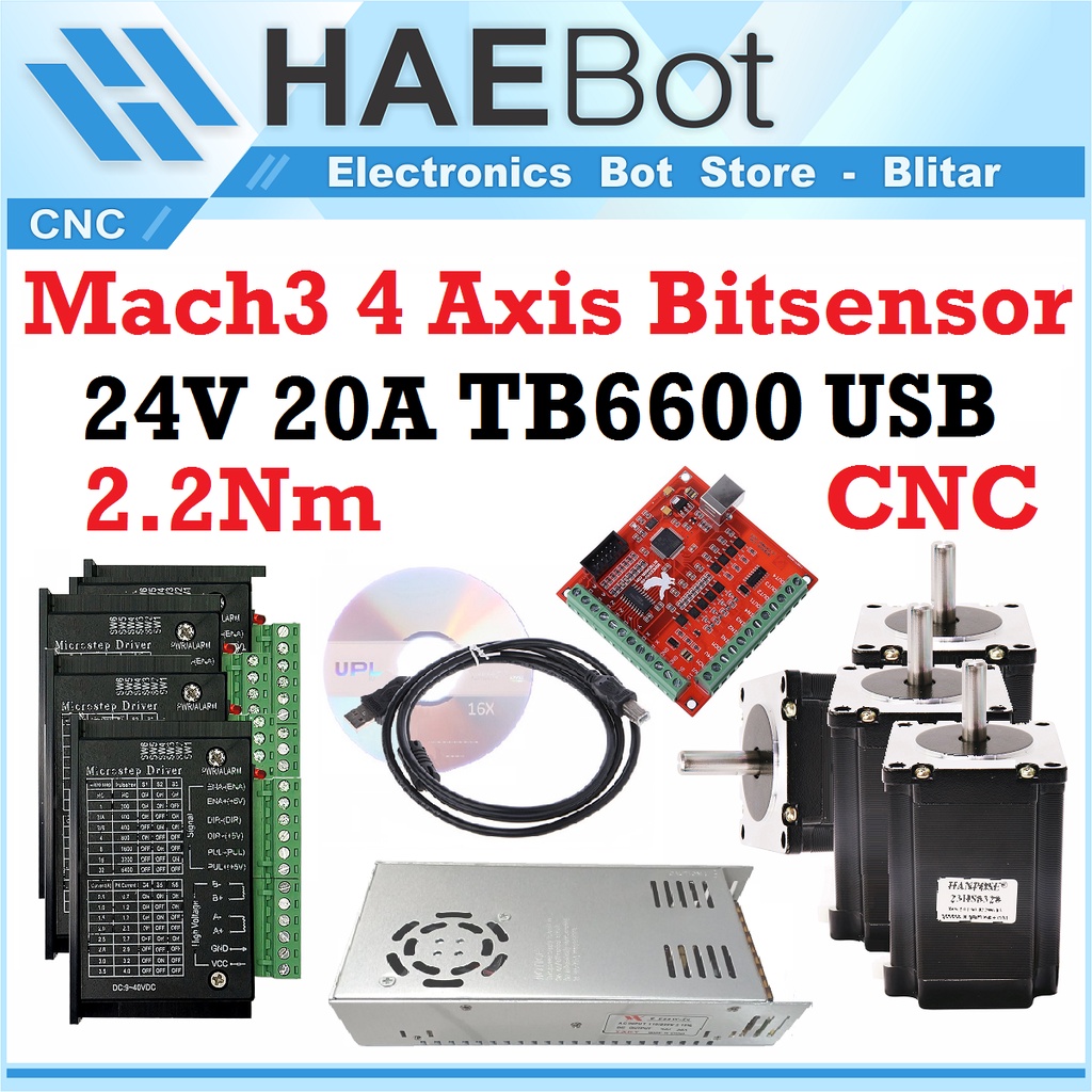 [HAEBOT] Paket CNC 4 Mach3 4Axis USB TB6600 Nema 23 2.2Nm Stepper PSU Bitsensor Router Engraver Lase