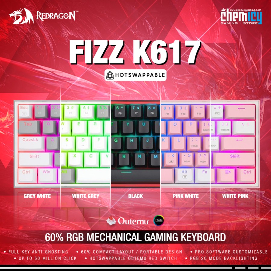 Redragon K617 Fizz 60% RGB Hotswap Mechanical Gaming Keyboard