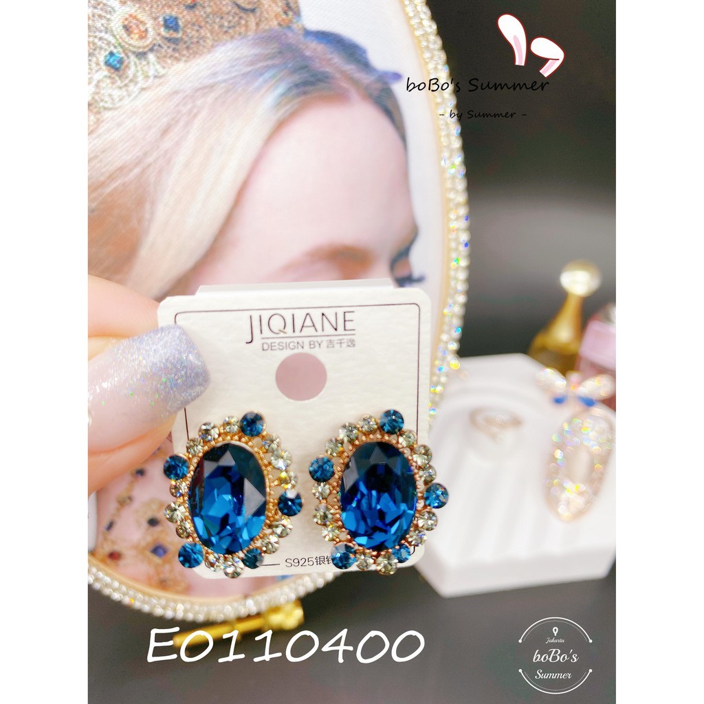 Anting Kristal Zircon Sapphire / Safir Biru Mewah Pin Silver 925 Aksesoris Pesta Style Korea Premium