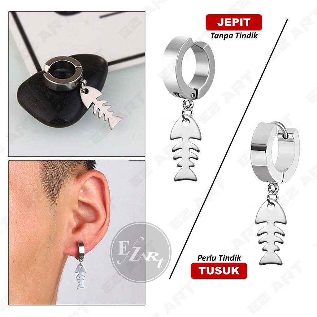 1 BUAH ANTING PRIA STAINLESS STEEL BANDUL TULANG IKAN TUSUK / JEPIT TINDIK / NON TINDIK