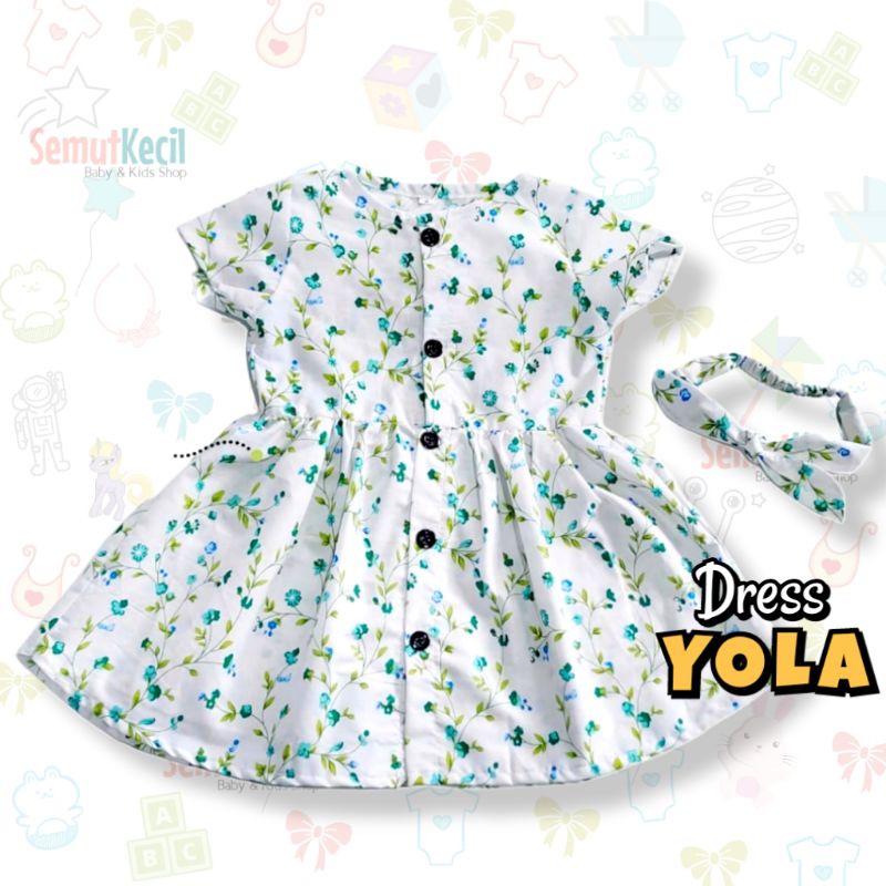 YOLA 1-4 THN DRESS ANAK BAYI PEREMPUAN KANCING DEPAN KATUN CATRA FREE BANDANA Baju Anak Bayi Perempuan Cewek Dres Baby Girl-L WhiteTinyFloTeal