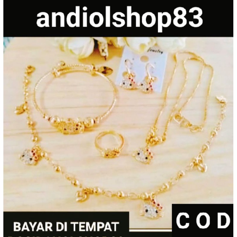 Set Perhiasan anak anak titanium lengkap motif hello Kitty dan gelang cantik motif HK mata tersedia 