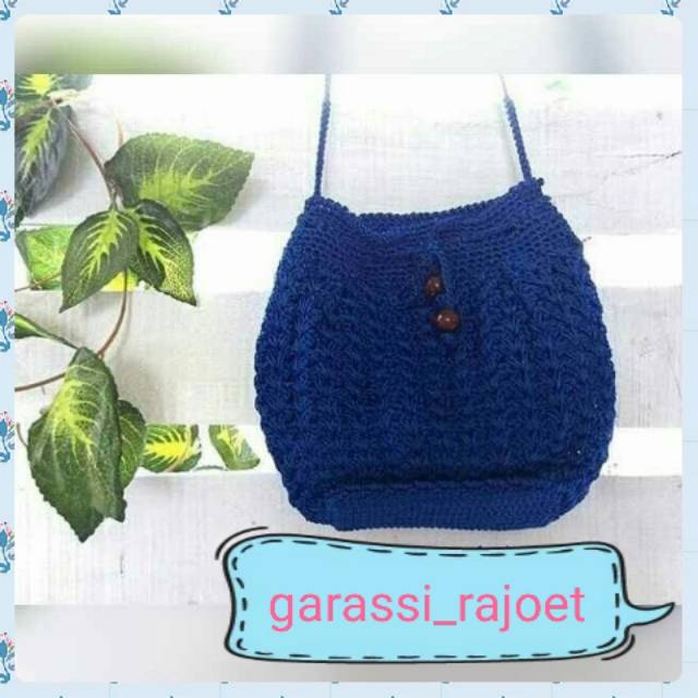 Tas Rajut Wanita Sling Serut Mini Tali Panjang Selempang Gaul Nilon Biru Elektrik