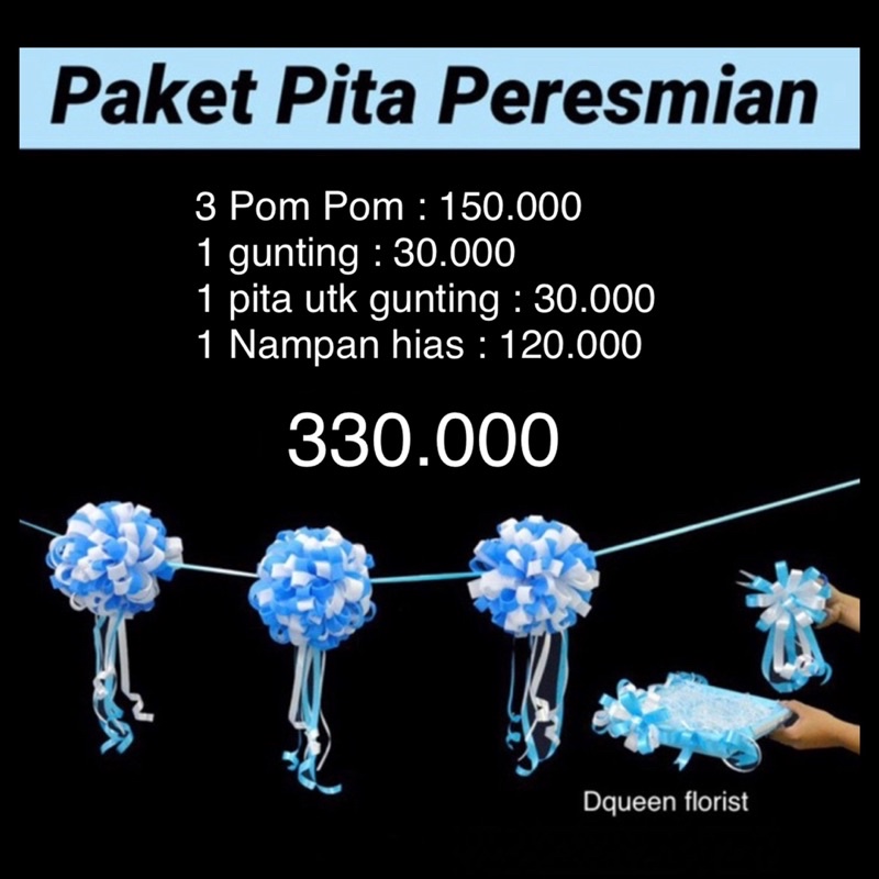 PAKET PITA  PERESMIAN  3 Pom Pom, 1 gunting dan 1 Nampan dgn Hiasan.(paket Sukses1).
