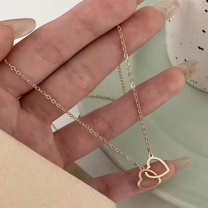 Kalung Desain Hati Ganda Bahan Logam Alloy Gaya Korea Untuk Hadiah