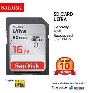 SD Card 16GB SanDisk Ultra UHS-I Class 10 up to 80Mbps - Garansi Resmi 10 Tahun