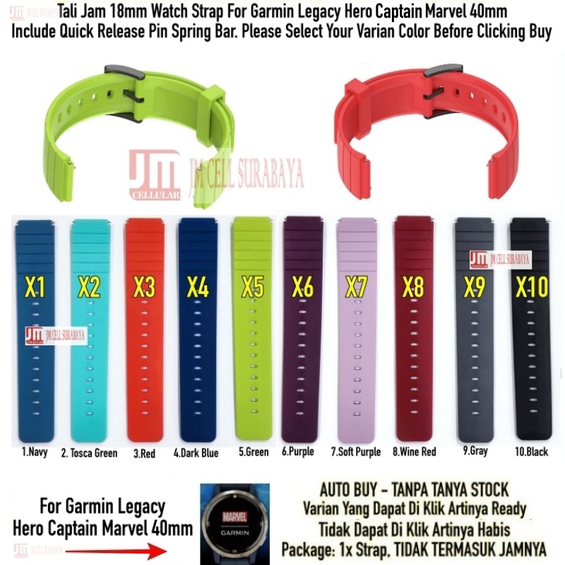 XMW Tali Jam 18mm Watch Strap Garmin Legacy Hero Captain Marvel 40mm - Silikon Rubber