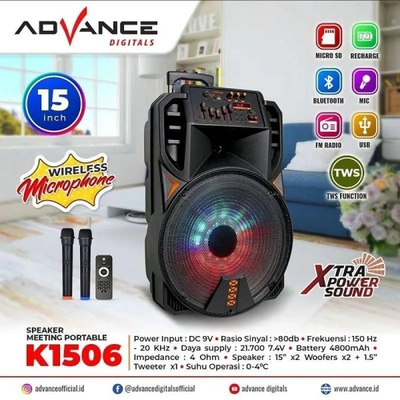 COD SPEAKER BLUETOOTH WIRELESS ADVANCE 15 INCH K1506 BONUS 2 MIC WIRELESS + REMOTE X-BASS / SPEAKER SALON AKTIF 15 INCH / SPEAKER WIRELESS ADVANCE 15 INCH K-1506 SUPER BASS / SPEAKER KARAOKE