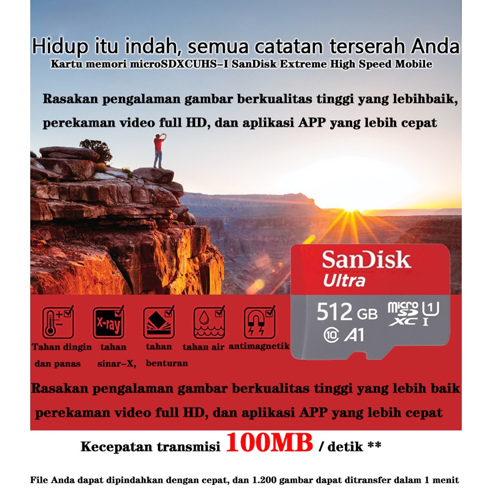*Kartu Memori Card Sandisk Microsd 8GB/16GB/32GB/64GB/128GB/256GB/512GB GB 80mbps ,100Mbps,160Mbps,170Mbps Class 10 A1/ A2 Ultra/ Extreme Original TF Card-6