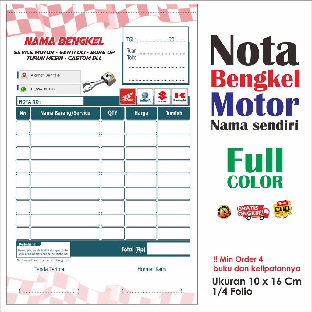 

nota custom nama bengkel sendiri full color