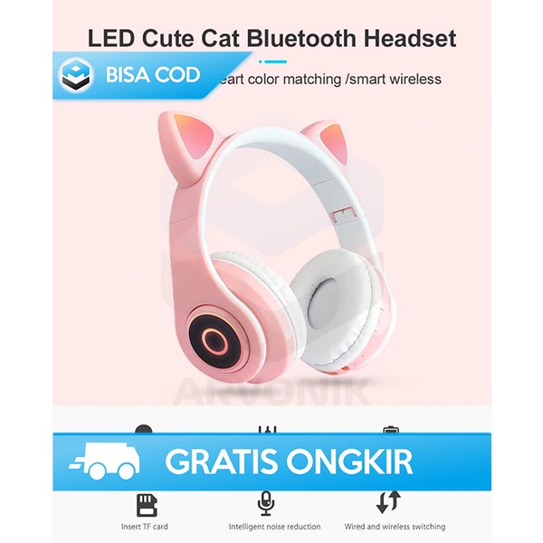 HEADSET BLUETOOTH LUCU CUTE CAT EAR SD CARD SOCKET 400MAH 10METER PINK