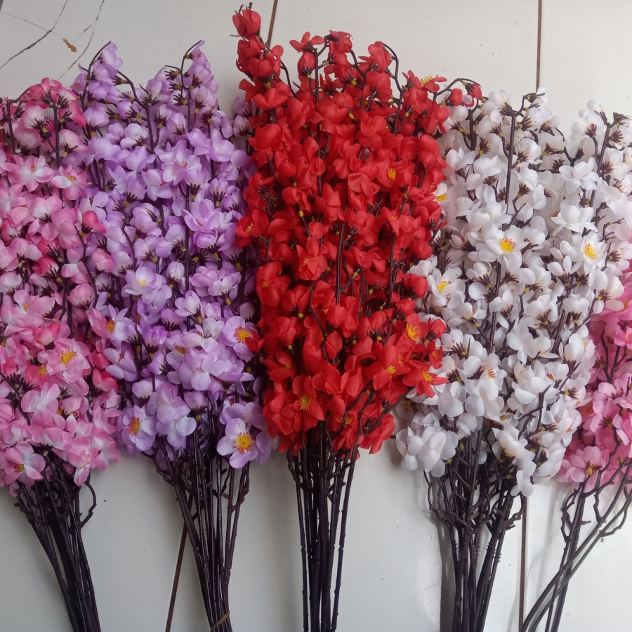 BUNGA SAKURA Artificial Imitasi Plastik Ungu Kuning Merah Putih per TANGKAI