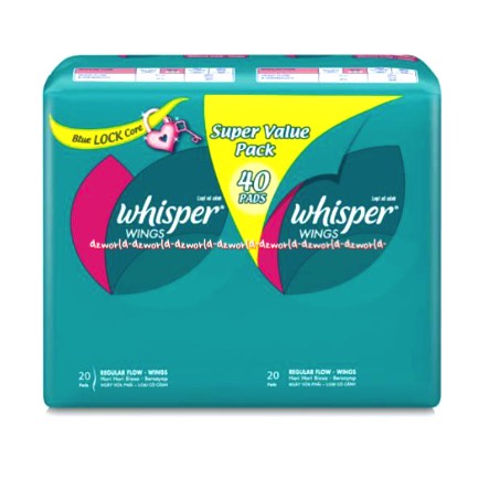 Whisper 40pads Whisper Wings Super Value Pack Pembalut Wanita Wisper Sayap Wing Blue Lock Care Sanitary Napkins 40 pcs