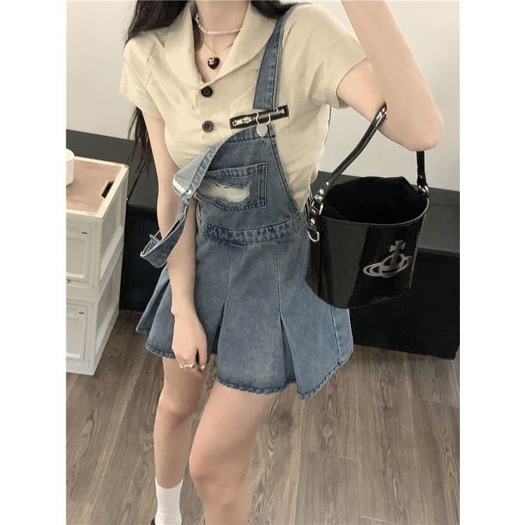 Mini Dress denim suspender rok wanita gaun kecil pinggang musim panas A-line rok desain rok lipit